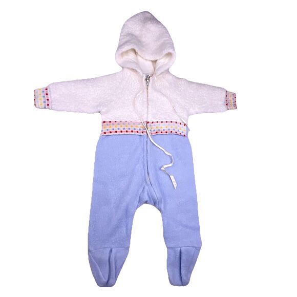 VTG Carter’s Retro White/Blue Fleece Hooded Bunting Footed Sz Small to 15 lbs - Picture 1 of 16